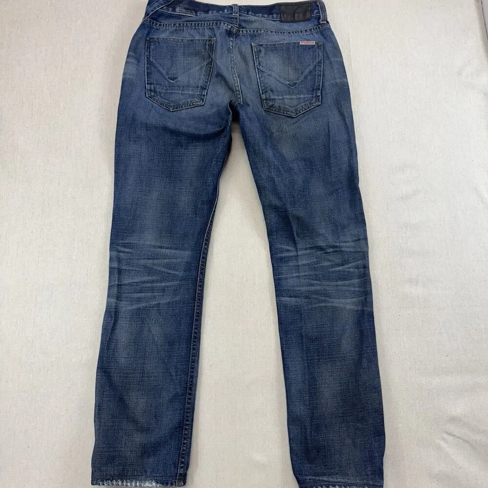 Hudson Jeans Mens 32 Distressed Straight Leg Button Fly Made USA Medium Wash